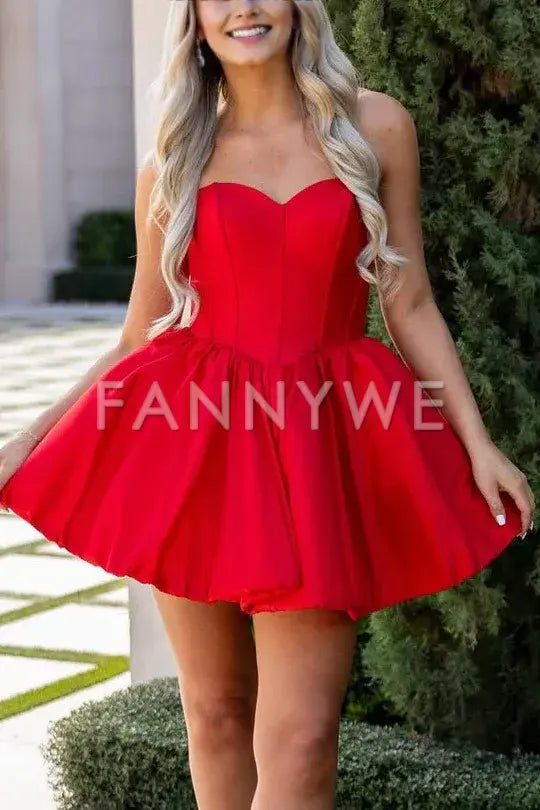 FannyWe Simple Red Strapless Satin Homecoming Dress with Flower formal wear dresses